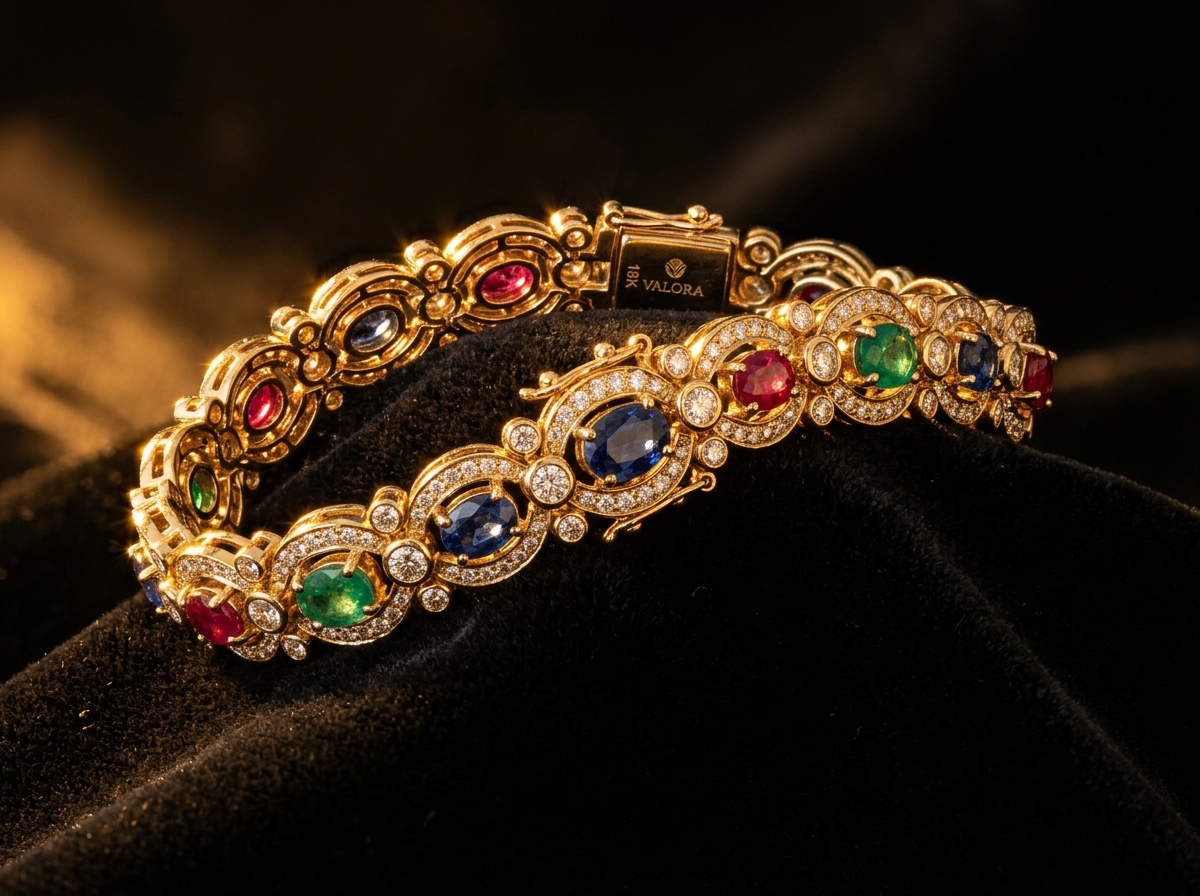 Multi-gemstone gold bracelet with intricate craftsmanship by Korvia Jewels