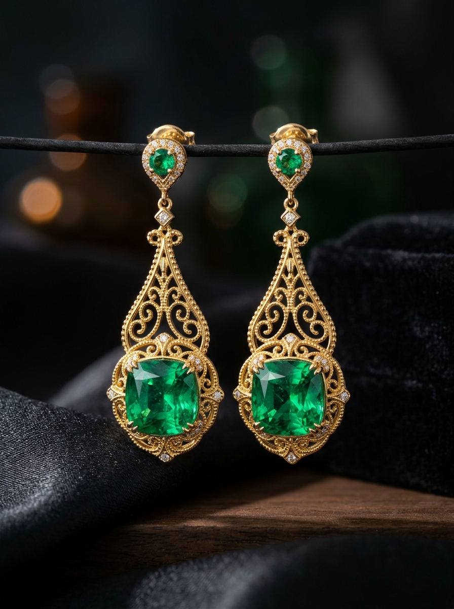 Luxury emerald and gold filigree earrings from Korvia Jewels