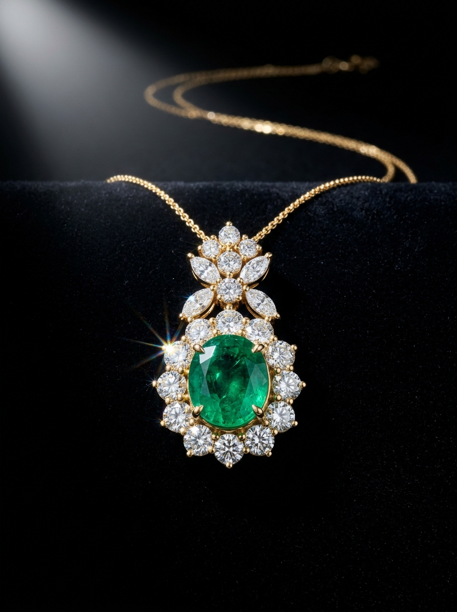 Exquisite Korvia Jewels emerald and diamond pendant necklace