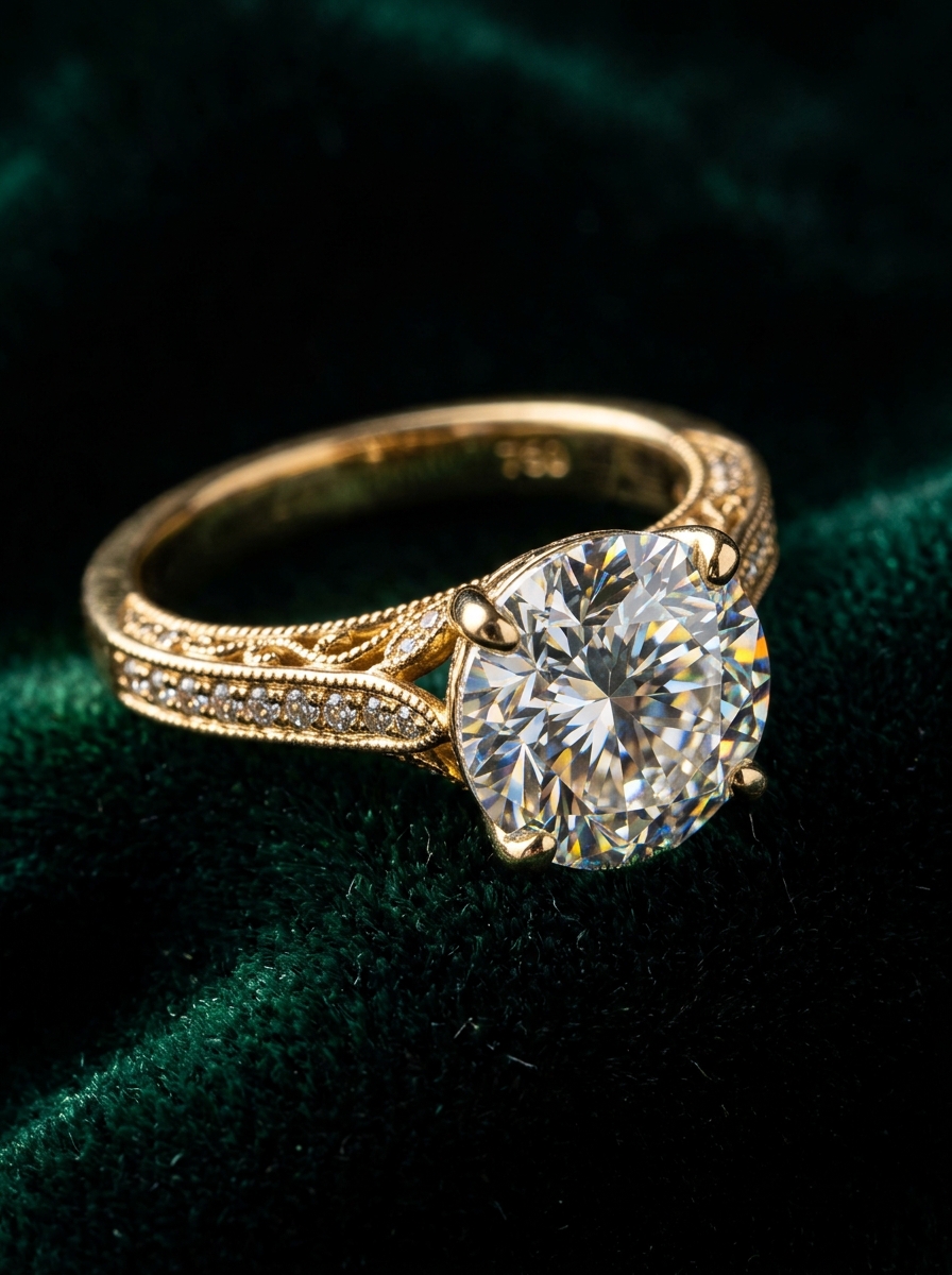 Diamond solitaire ring in vintage gold setting by Korvia Jewels